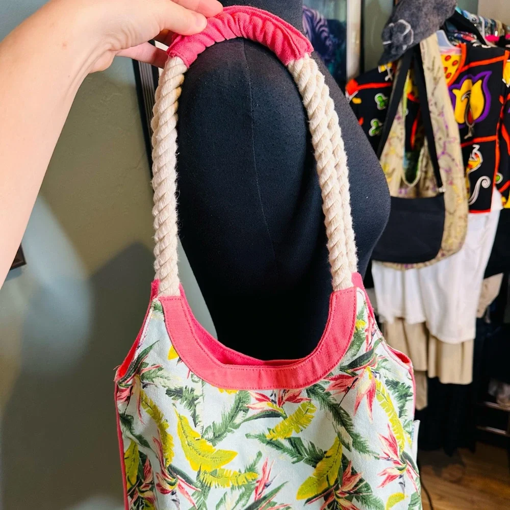 Caribbean Joe Tropical Pink Green Braided Strap One Piece Over the Shoulder Bag